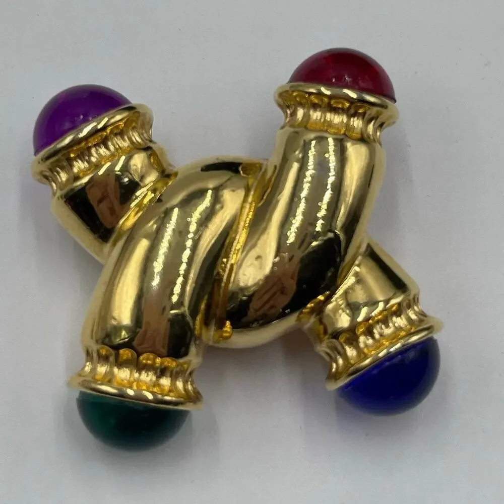 IVANA Signed Vintage Gold W/ Multicolored Cabochons Gripoix Style‎ Brooch